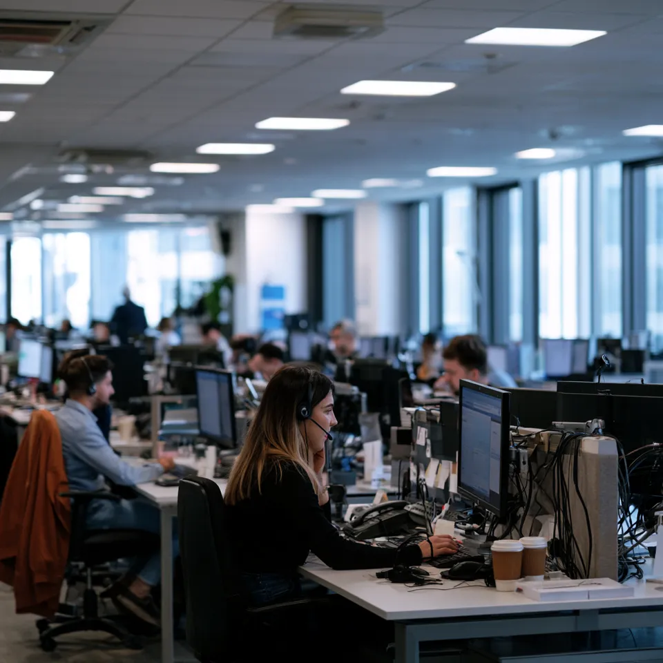 A contact center floor with rows of desks and people on phone calls