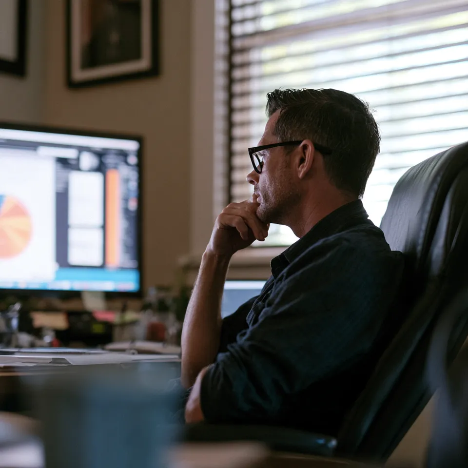 A manager studying charts on a large monitor