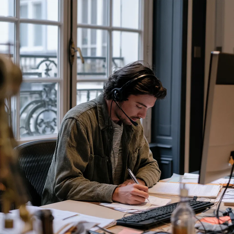 A man with a headset writing notes during a phone call