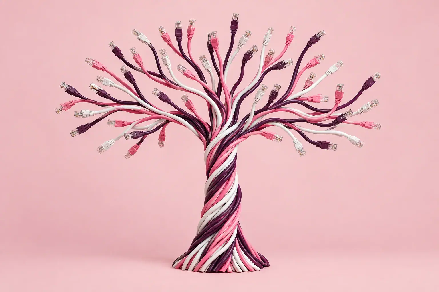 Pink, white and plum network cables twisted into a tree trunk that branches out at the top