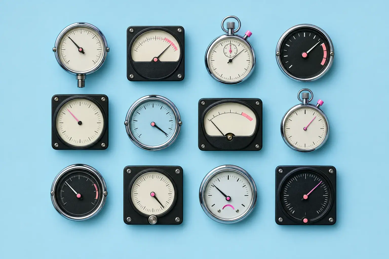 Twelve vintage gauges, dials and stopwatches arranged in a grid on a light blue wall