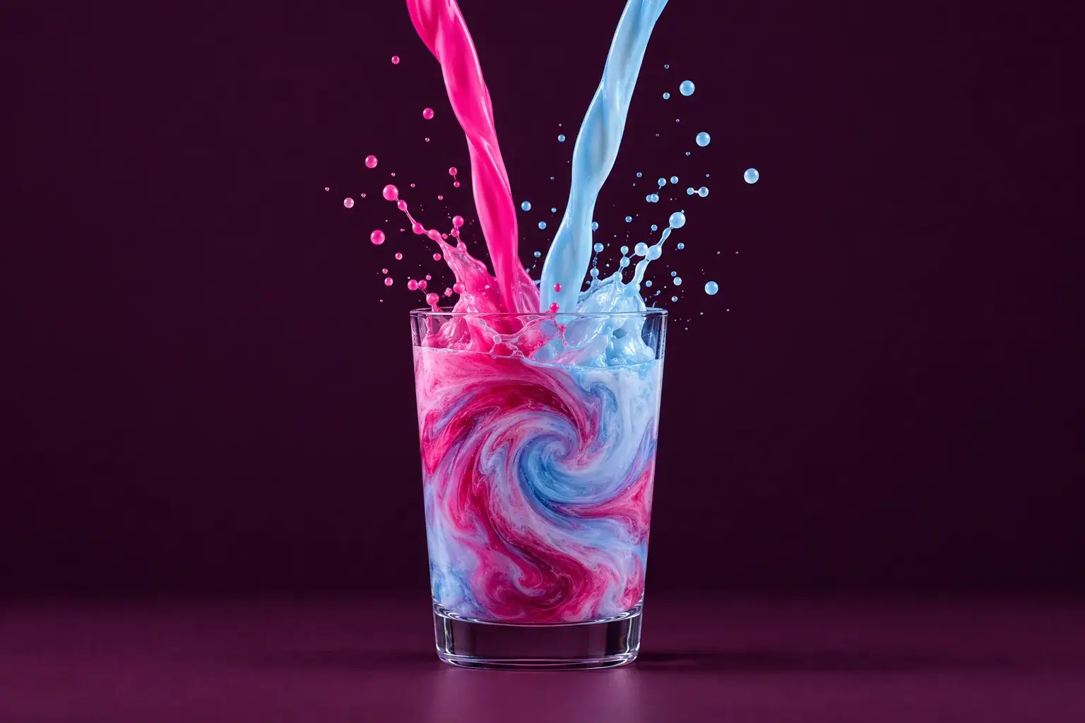 Pink and blue liquids pouring into one glass and swirling together