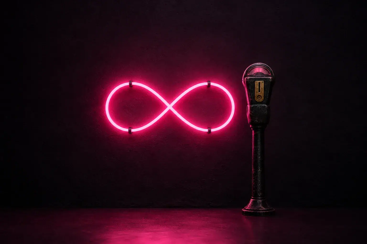 A pink neon infinity sign glowing next to an old coin-operated parking meter at night