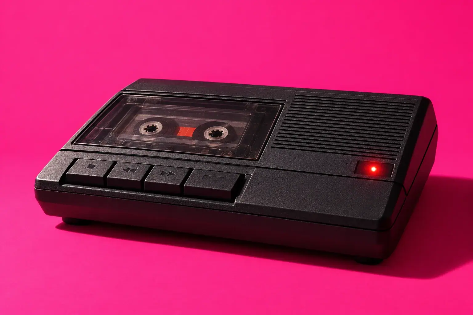 A vintage cassette answering machine with its red light on, against a bright pink background