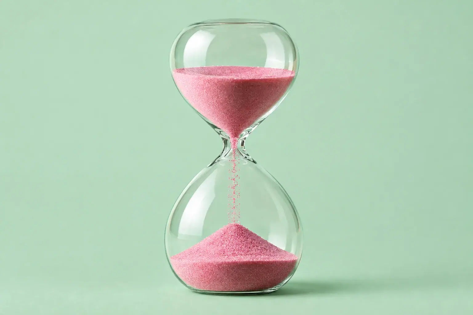 An hourglass with pink sand, the grains frozen as they fall, on a mint green background