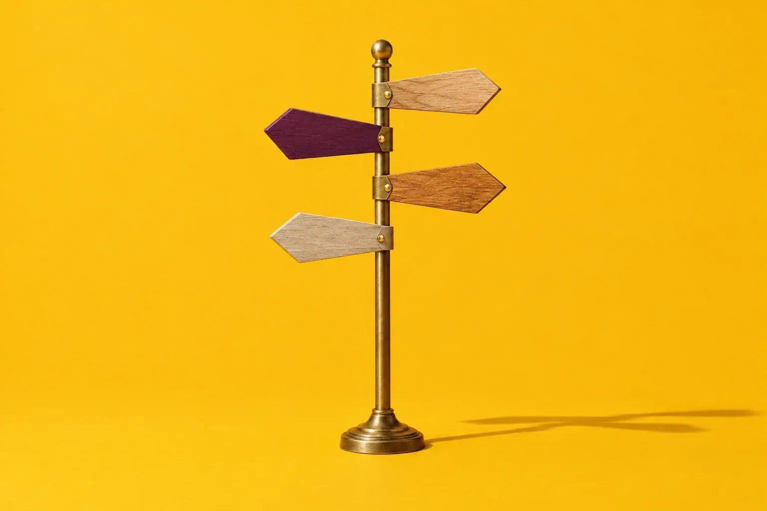 Brass signpost with wooden arrow pointers, one painted plum, on a saffron yellow background