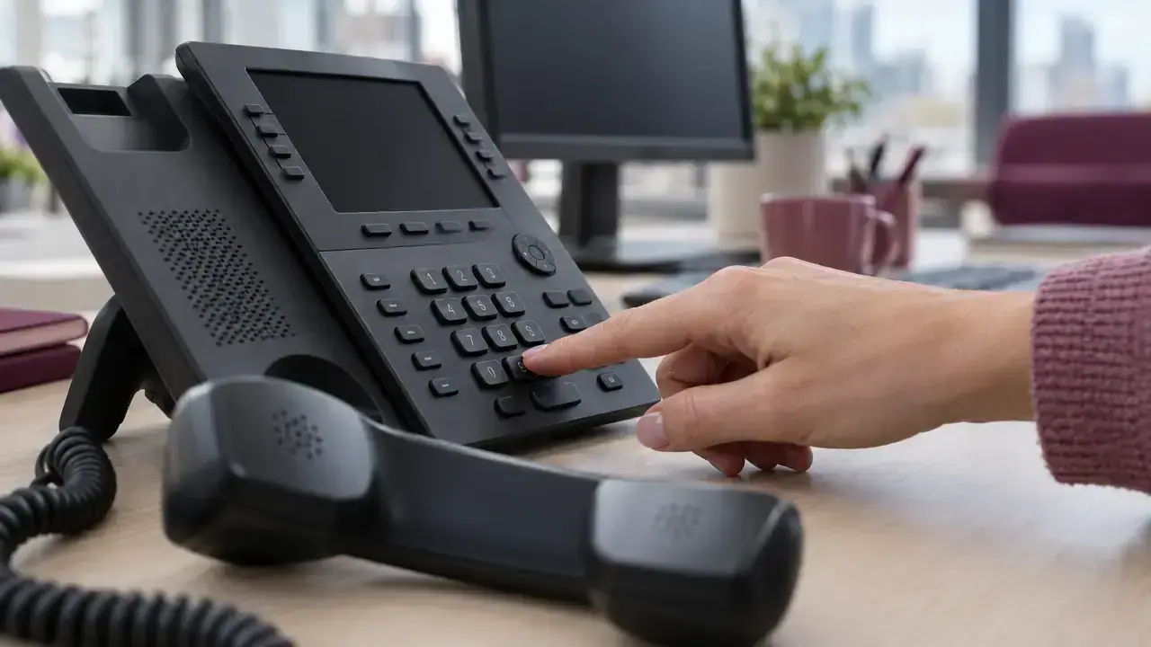 Finger pressing a key on a desk phone keypad, handset lifted beside it