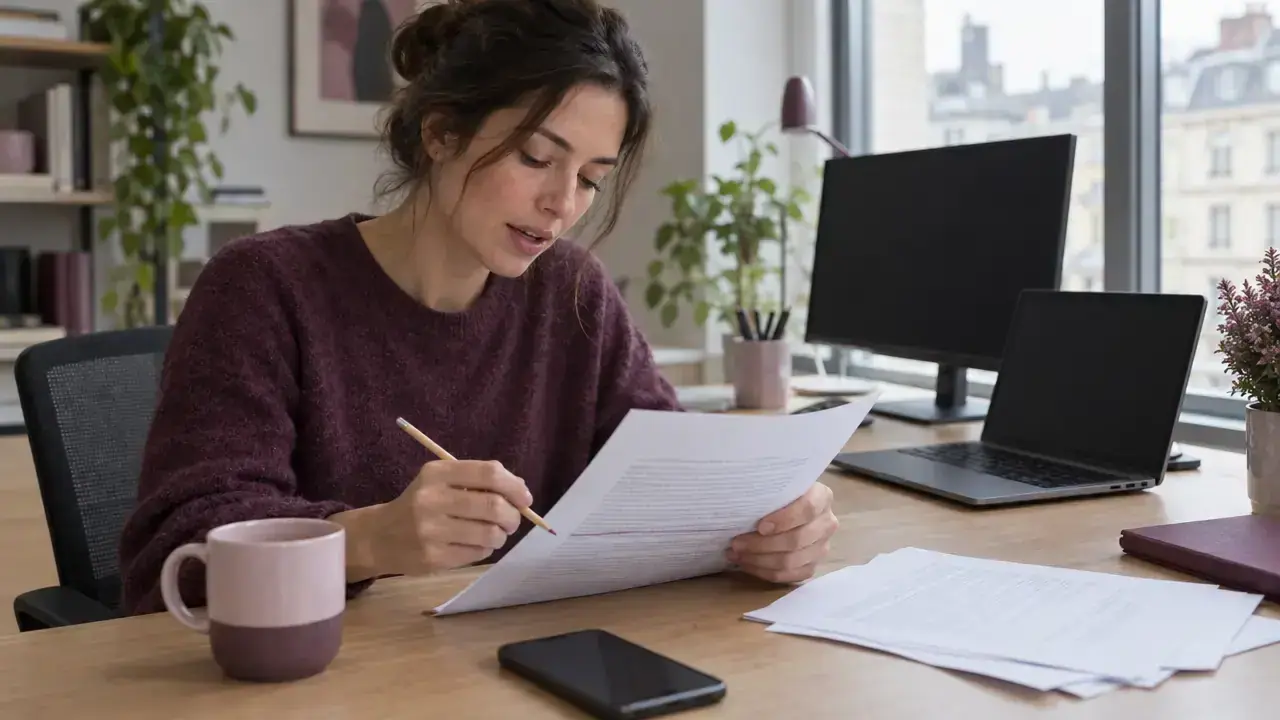 Woman reading a printed script aloud and crossing out a line with a pencil