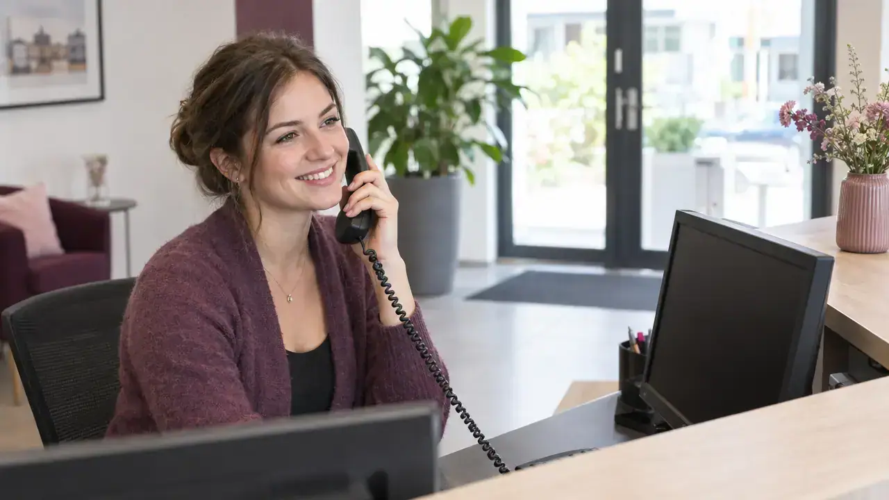 Smiling receptionist answering a phone at a bright front desk