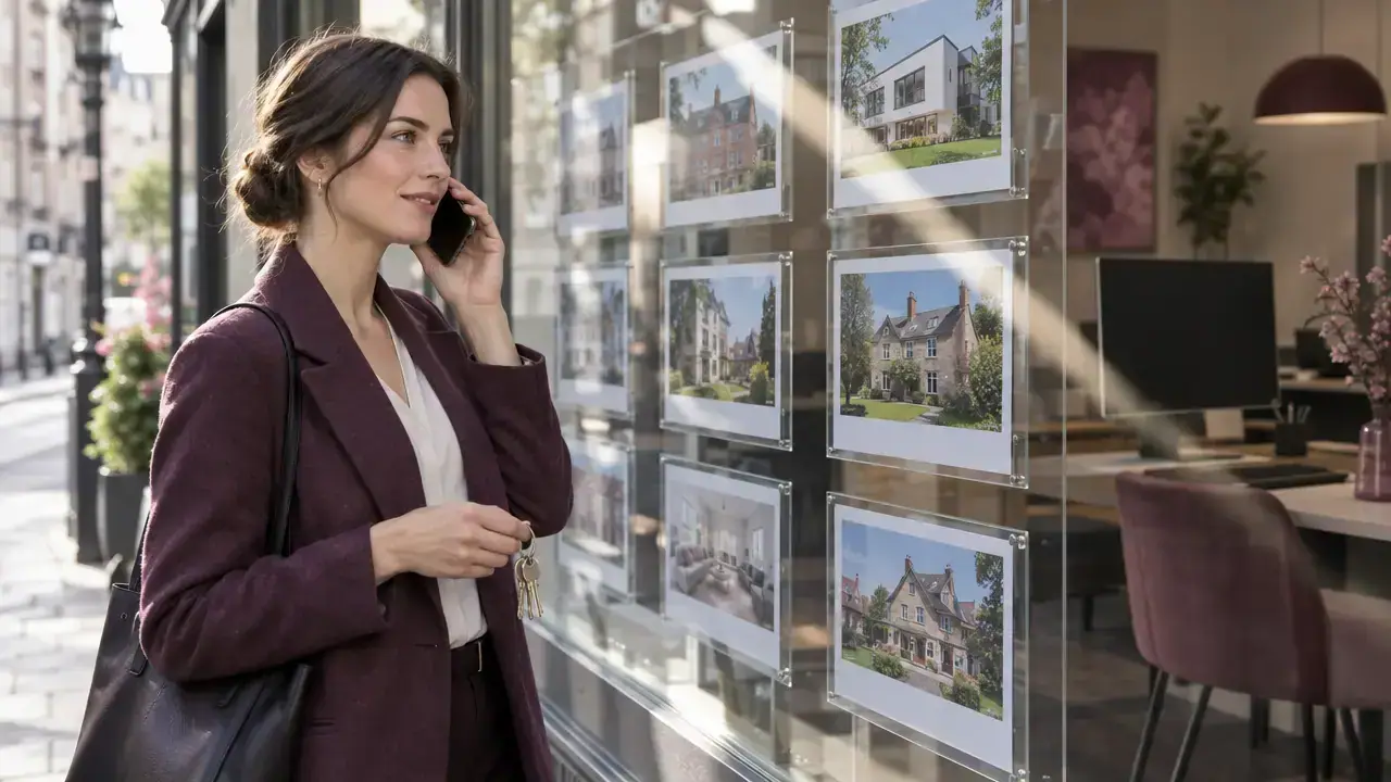Real estate agent on the phone holding keys beside an agency window