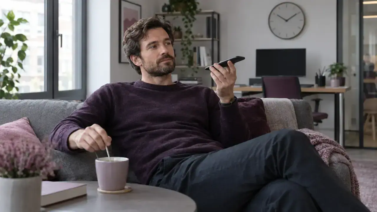 Man waiting on hold with his phone on speaker, stirring a cup of tea