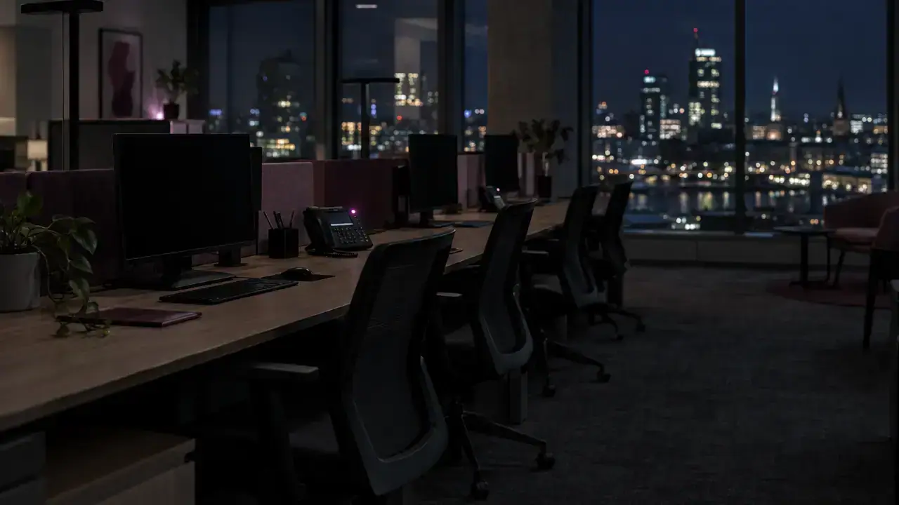 Empty office at night with a desk phone's small light glowing