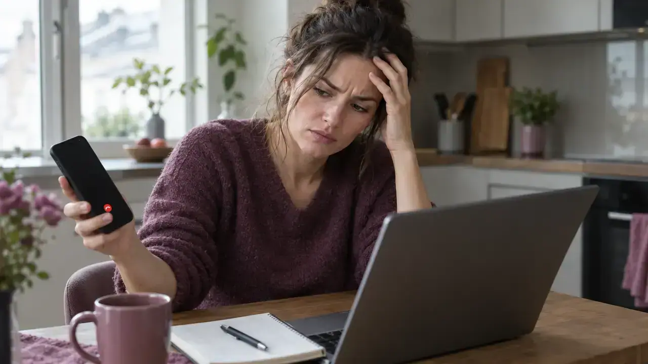 Frustrated woman holding her phone away, about to hang up