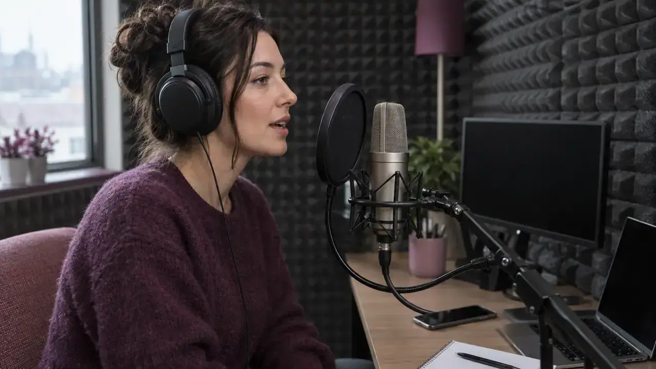 Voice actor wearing headphones speaking into a studio microphone
