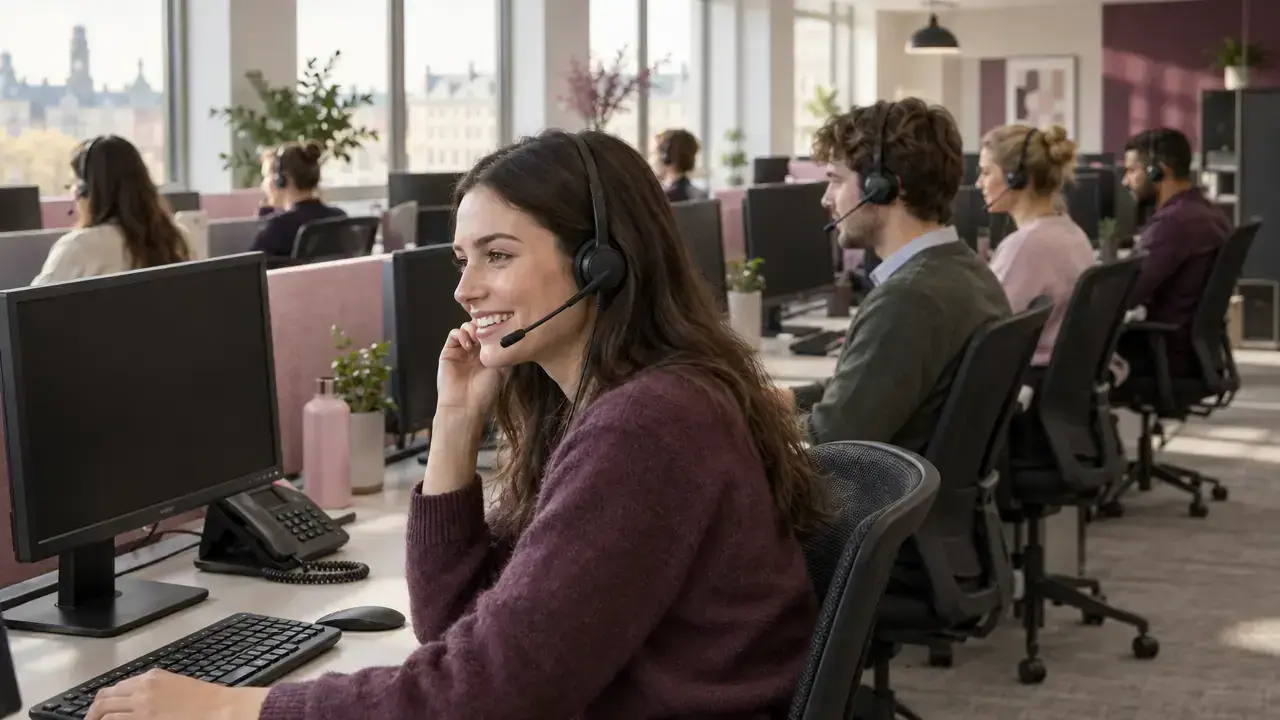 Contact center agents in headsets working at desks in a bright office
