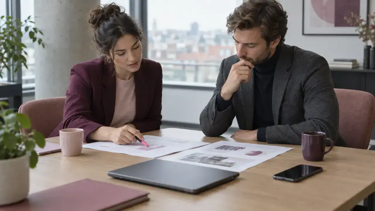 Two colleagues reviewing printed reports, one pointing with a highlighter